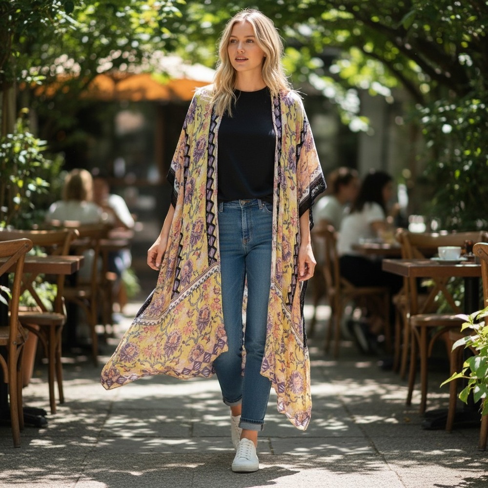 Macchia di Ruggine Kimono Women OS Yellow Purple Floral Boho Festival